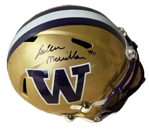 Football helmet impact resistance-Jalen McMillan Autographed Washington Huskies Full-Size Replica Helmet