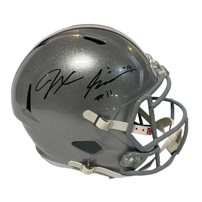 Face protection features in football helmets-Jaxon Smith-Njigba Autographed Ohio State Full Size Replica Helmet