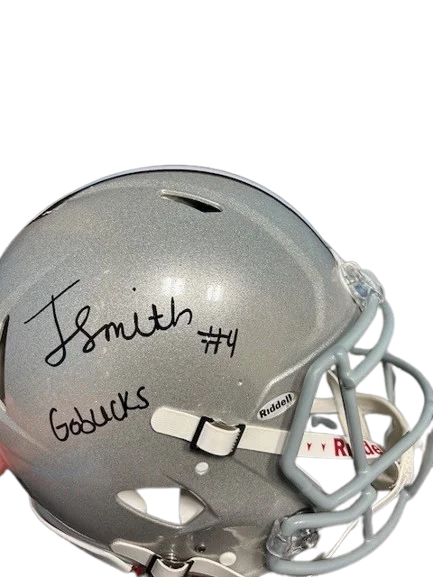 Football helmet impact testing-Jeremiah Smith Autographed Silver "Go Bucks!" Ohio State Authentic Football Helmet