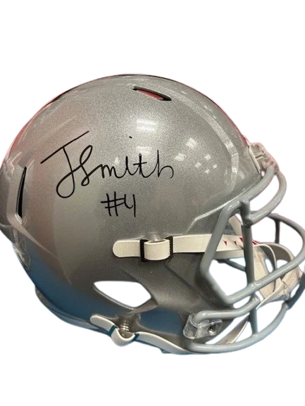 Face protection features in football helmets-Jeremiah Smith Autographed Silver Ohio State Replica Football Helmet