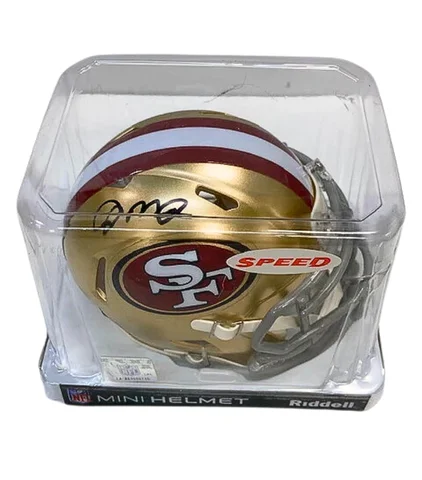 Durability of football helmets over time-Joe Montana Autographed San Francisco 49ers Gold Mini Helmet