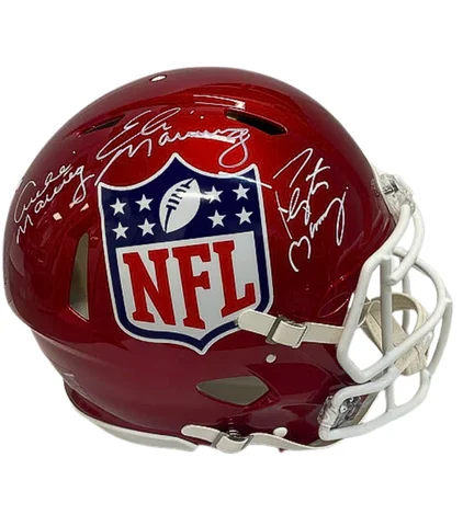 Comparing inner lining materials of football helmets-Peyton Manning, Eli Manning, & Archie Manning Triple Autographed NFL Shield Riddell Flash Speed Authentic Football Helmet