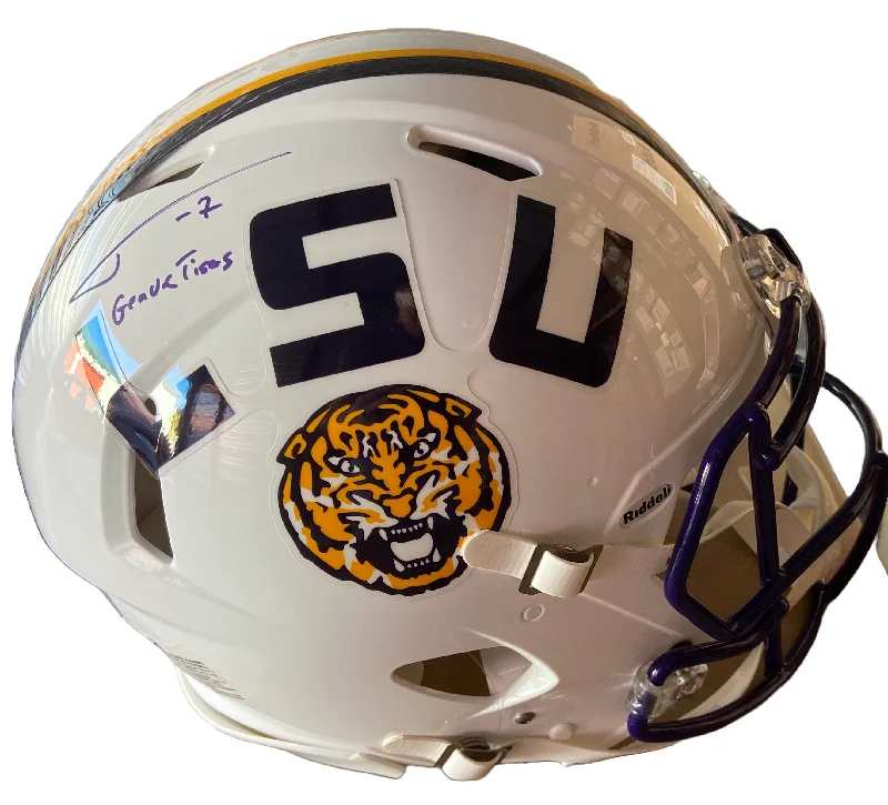 High safety rated football helmets-Tyrann Mathieu Autographed "Geaux Tigers" Authentic LSU White Full Size Football Helmet