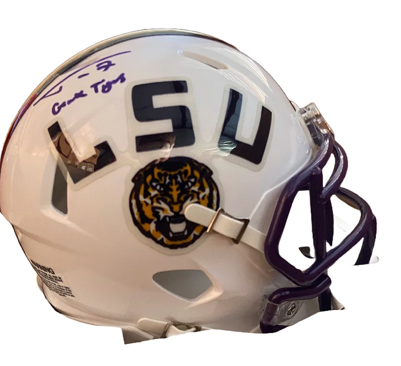 High safety rated football helmets-Tyrann Mathieu Autographed "Geaux Tigers" LSU Replica White Full Size Football Helmet