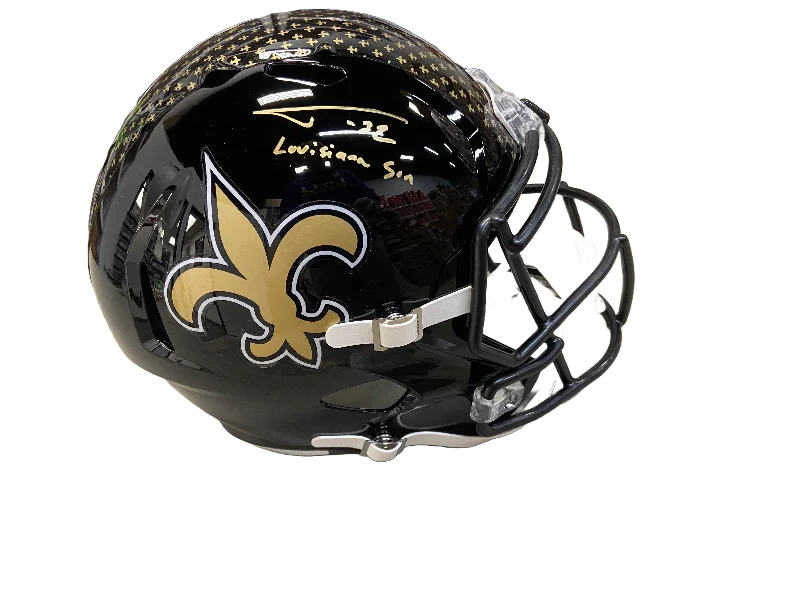 Football helmet protection level ratings-Tyrann Mathieu Autographed "Louisiana Son" Replica Black On-Field Alternate Saints Full Size Football Helmet