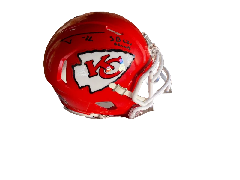 Football helmet weight and comfort-Tyrann Mathieu Autographed "SB LIV Champs" Chiefs Mini Football Helmet (Black Signature)