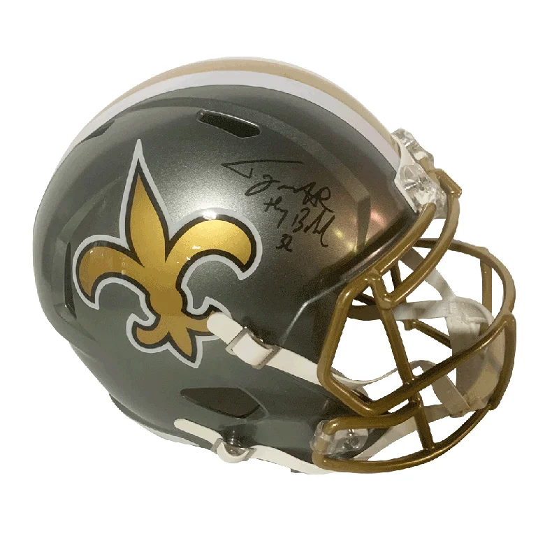 Technology used in football helmets-Tyrann Mathieu Autographed "Honey Badger" Saints Gray Flash Full Size Replica Helmet