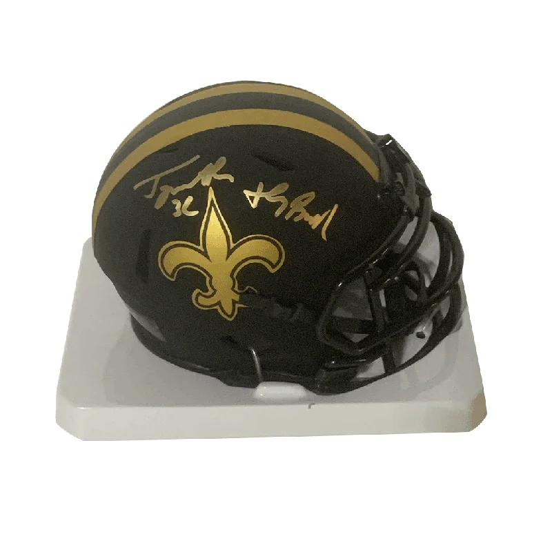 High-tech football helmet features-Tyrann Mathieu Autographed "Honey Badger" Saints Eclipse Black Mini Helmet