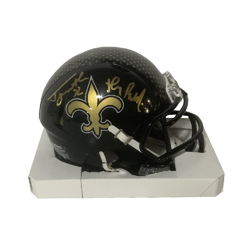 How football helmets provide head protection-Tyrann Mathieu Autographed "Honey Badger" Saints On Field Alternate Black Mini Helmet